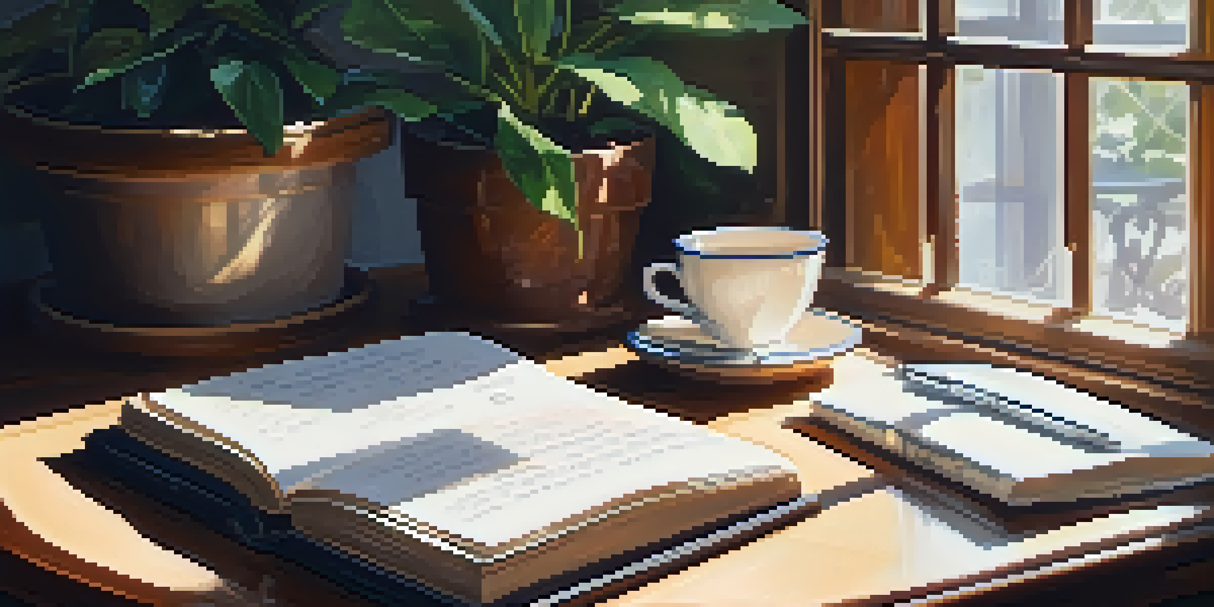 A cozy workspace featuring a journal, cup of tea, and a potted plant, illuminated by natural light.
