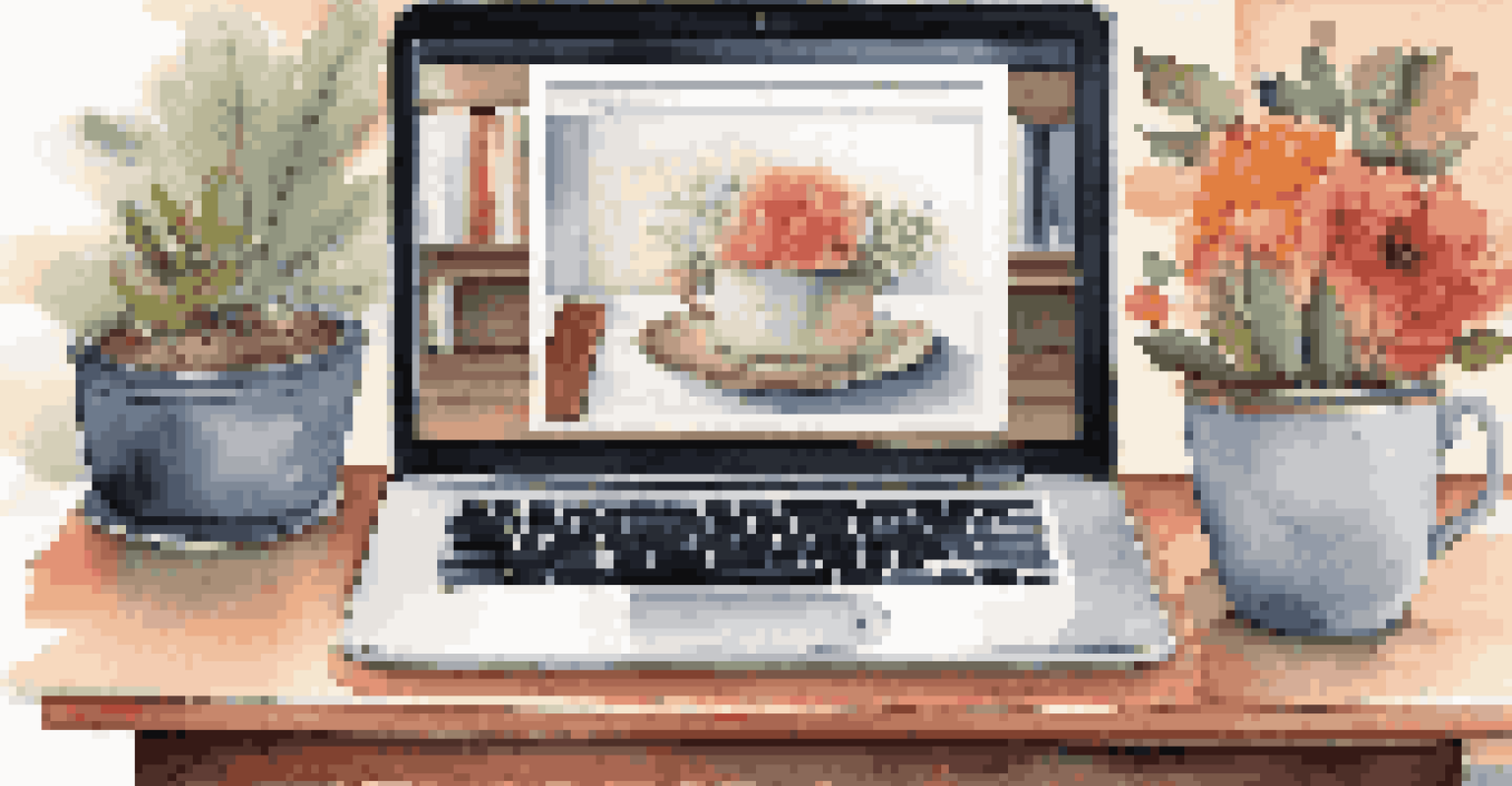 An open laptop showing a colorful online portfolio, placed in a cozy home office with artistic decor and a cup of coffee.