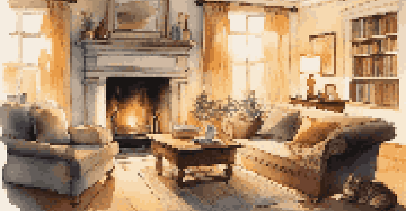 A cozy living room with a fireplace, plush sofas, and a cat resting on the couch.