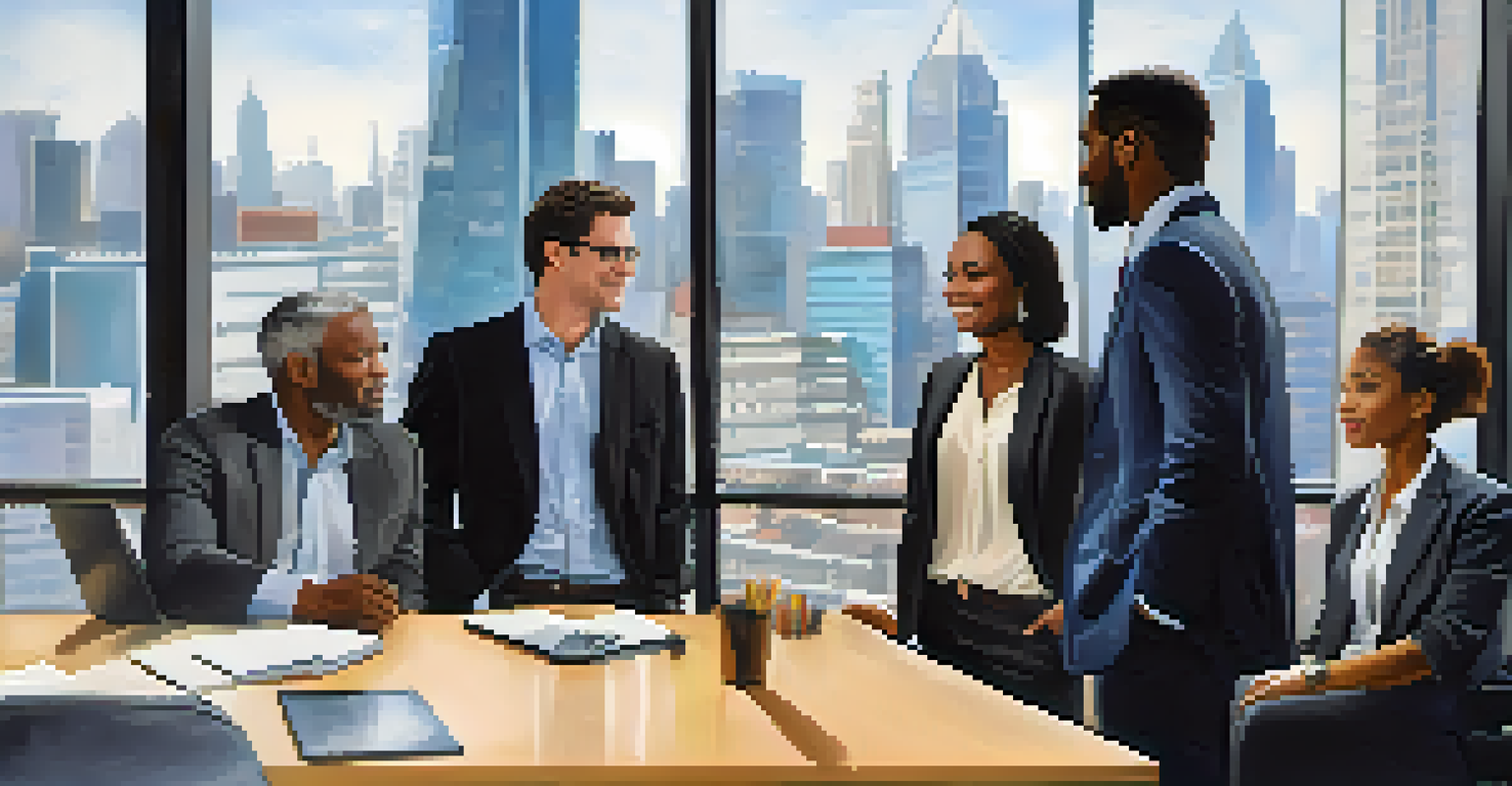 A diverse group of professionals networking in a modern office, engaging in conversation with city skyline in the background.