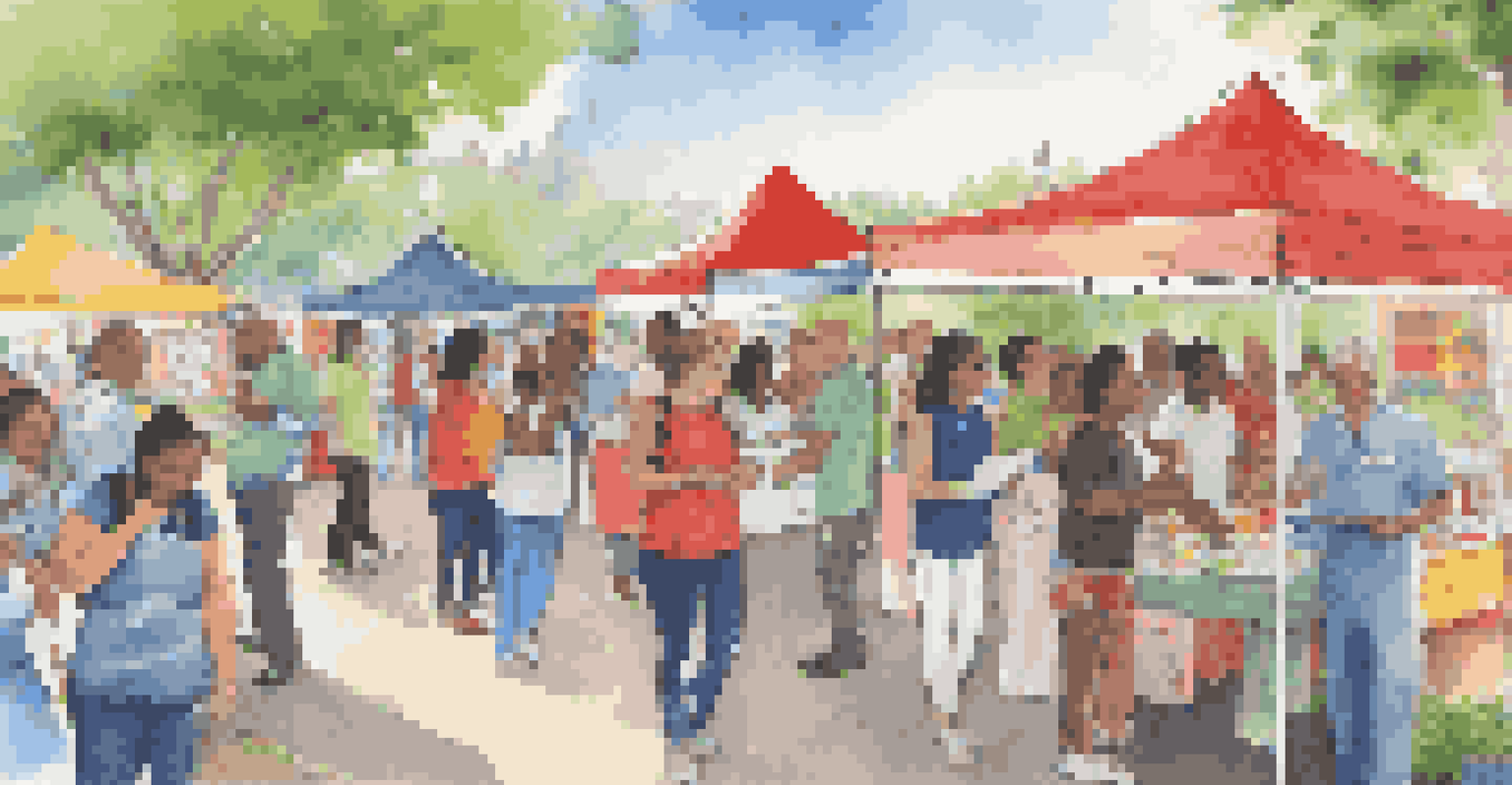 A community health fair with diverse people engaging at booths and healthcare providers offering support in a vibrant outdoor setting.