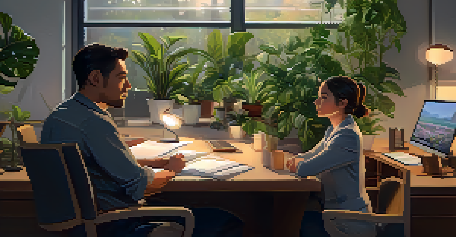 A team leader and a member engaged in a friendly feedback session in a cozy office filled with plants.