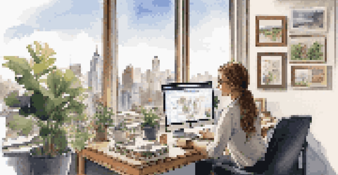 A professional woman working on her laptop at a desk with city skyline view, natural light, and plants around.
