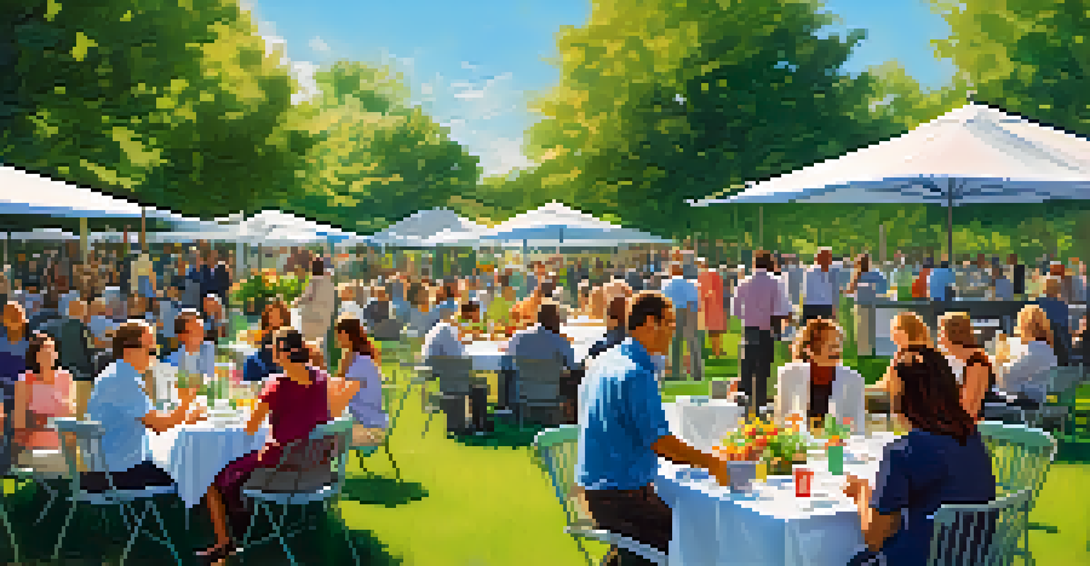 Professionals networking outdoors in a park on a sunny day, surrounded by greenery and colorful flowers, enjoying light refreshments.