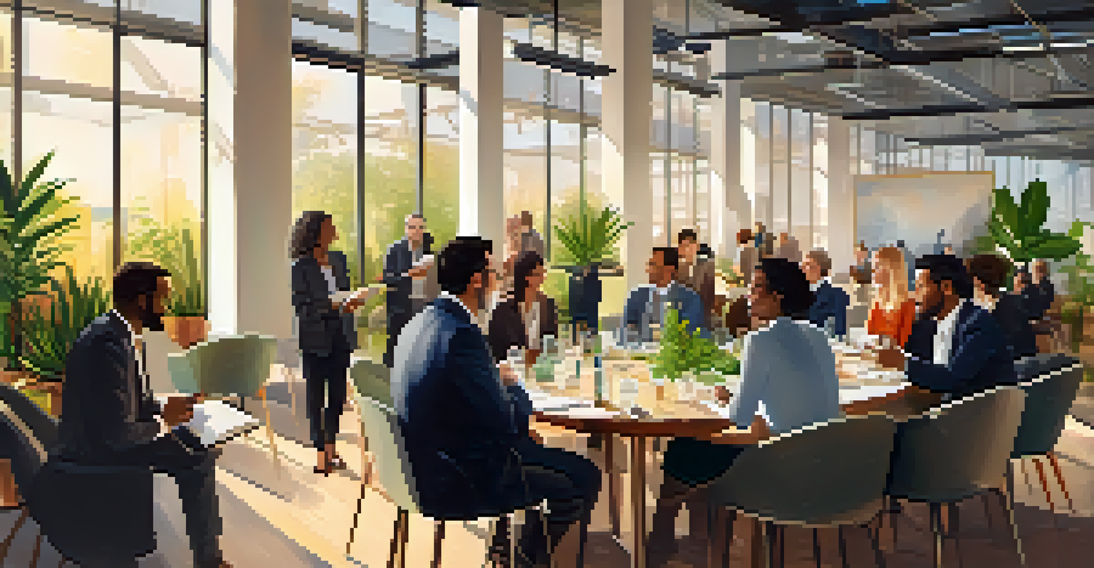 A diverse group of professionals networking at a modern conference, surrounded by plants and engaging in conversation.