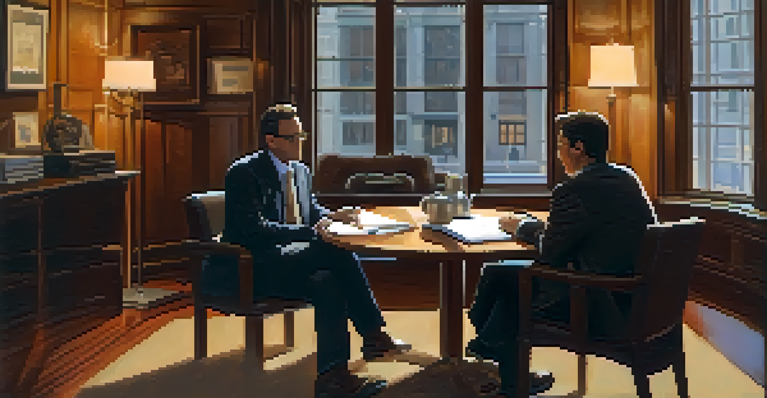 Two people having a conversation in a cozy office, with a table and coffee cup visible, creating a warm atmosphere.