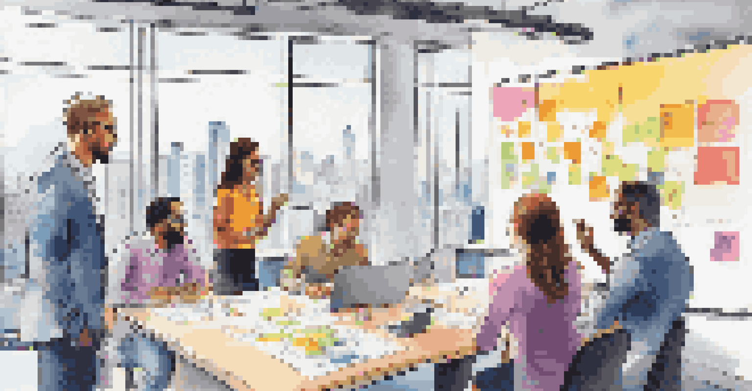 Colleagues collaborating around a whiteboard filled with sticky notes in a modern office with city views.