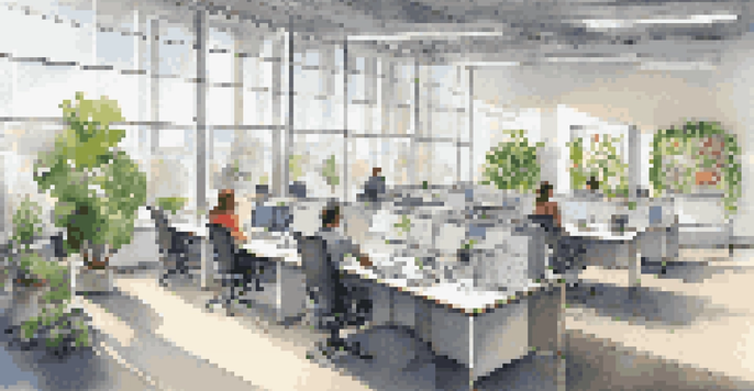 A bright and modern office showing ergonomic furniture and employees collaborating around adjustable desks.