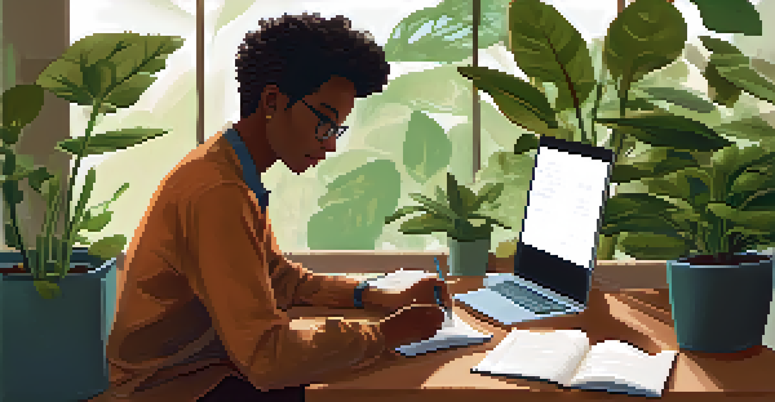 A person reflecting on feedback at a cozy desk, taking notes with a laptop open showing feedback email.