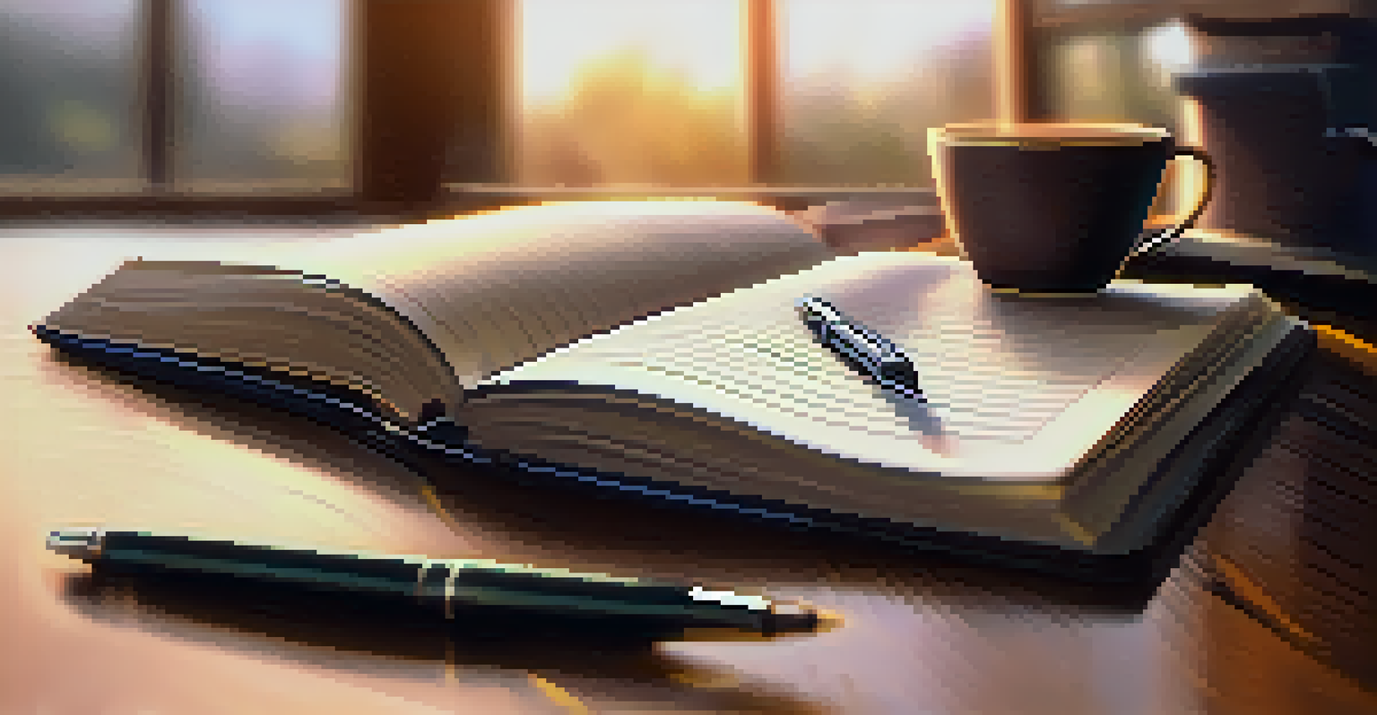 A close-up of a hand writing in a journal with a pen, documenting achievements with a laptop and coffee in the background.