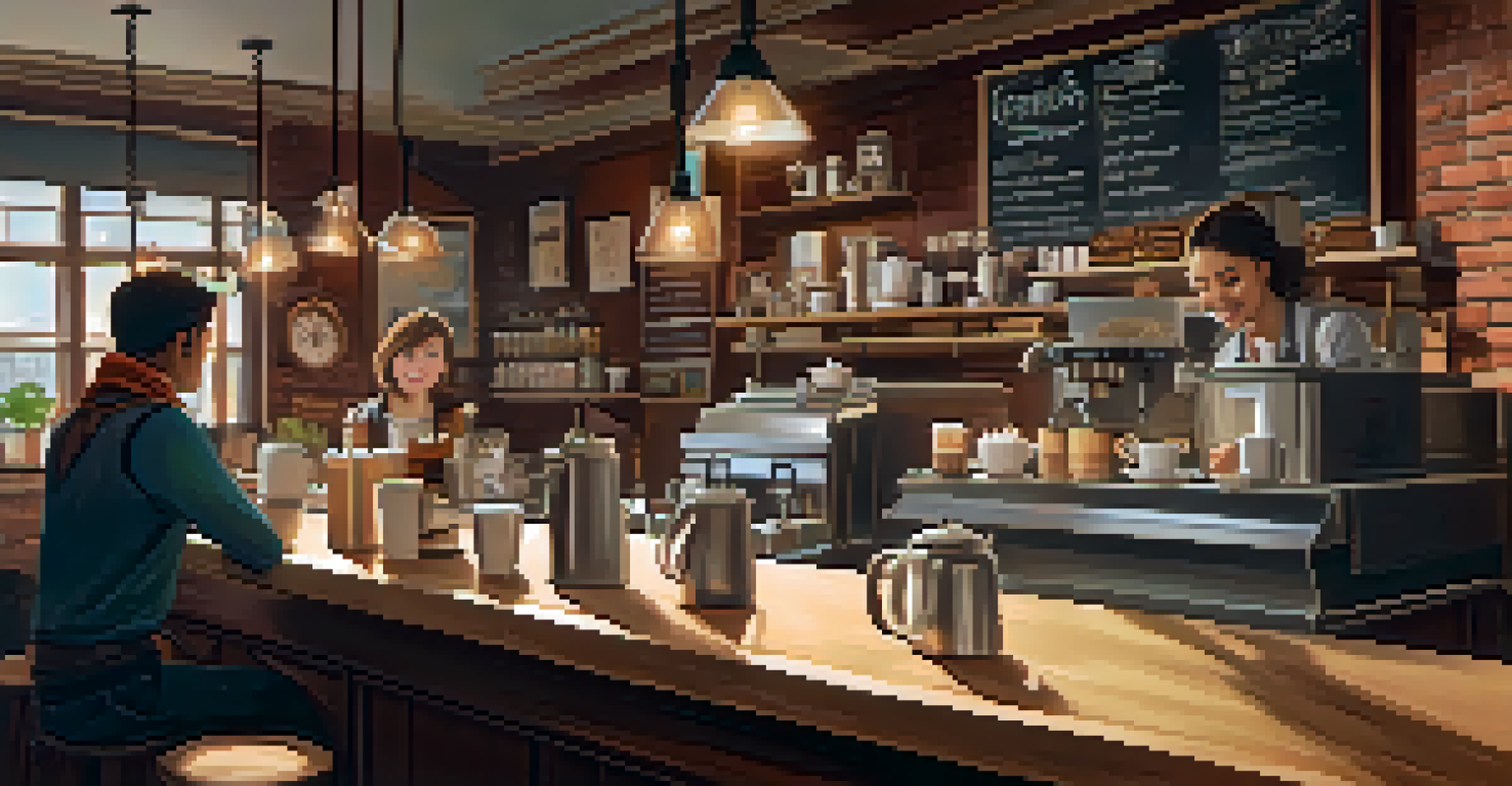 A student observing a barista in a coffee shop, learning to make a latte with latte art.