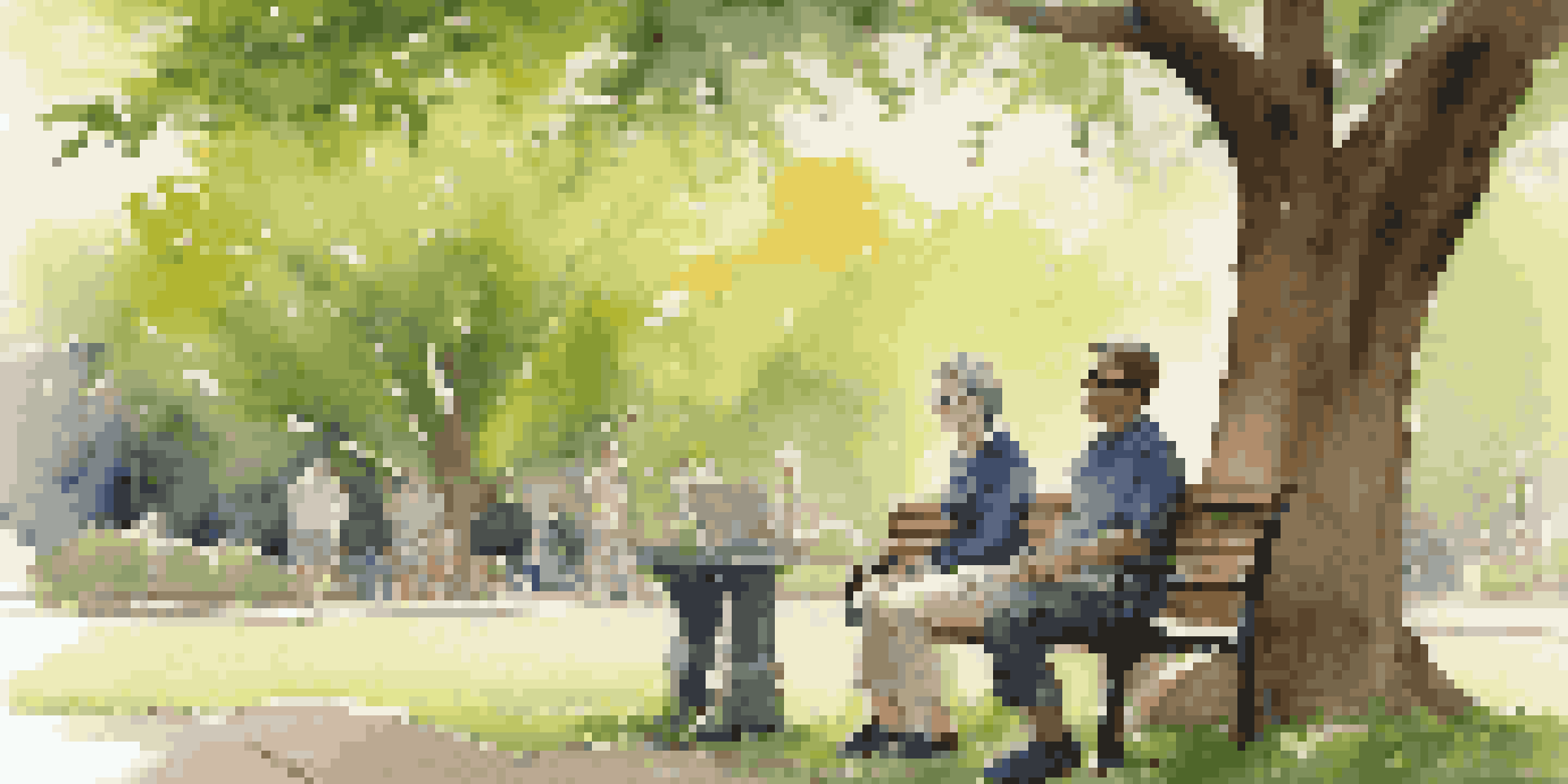 A mentor and mentee having a discussion on a park bench under an oak tree, with warm sunlight filtering through the leaves.