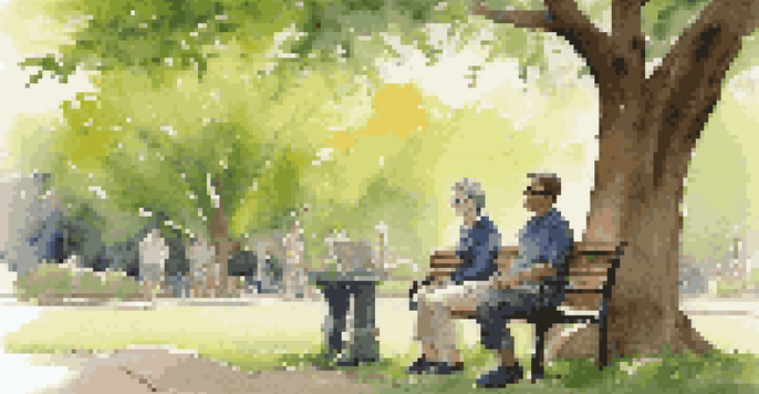 A mentor and mentee having a discussion on a park bench under an oak tree, with warm sunlight filtering through the leaves.