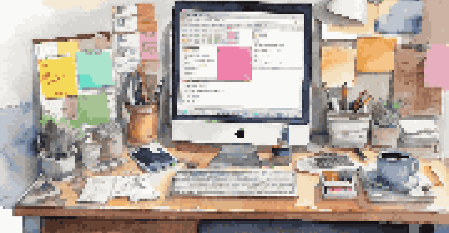 A vibrant desk scene showing a digital planner, sticky notes, and a clock, capturing the essence of freelance work.