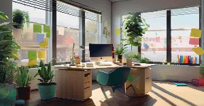 A modern office desk with a laptop and colorful sticky notes in a well-lit environment.