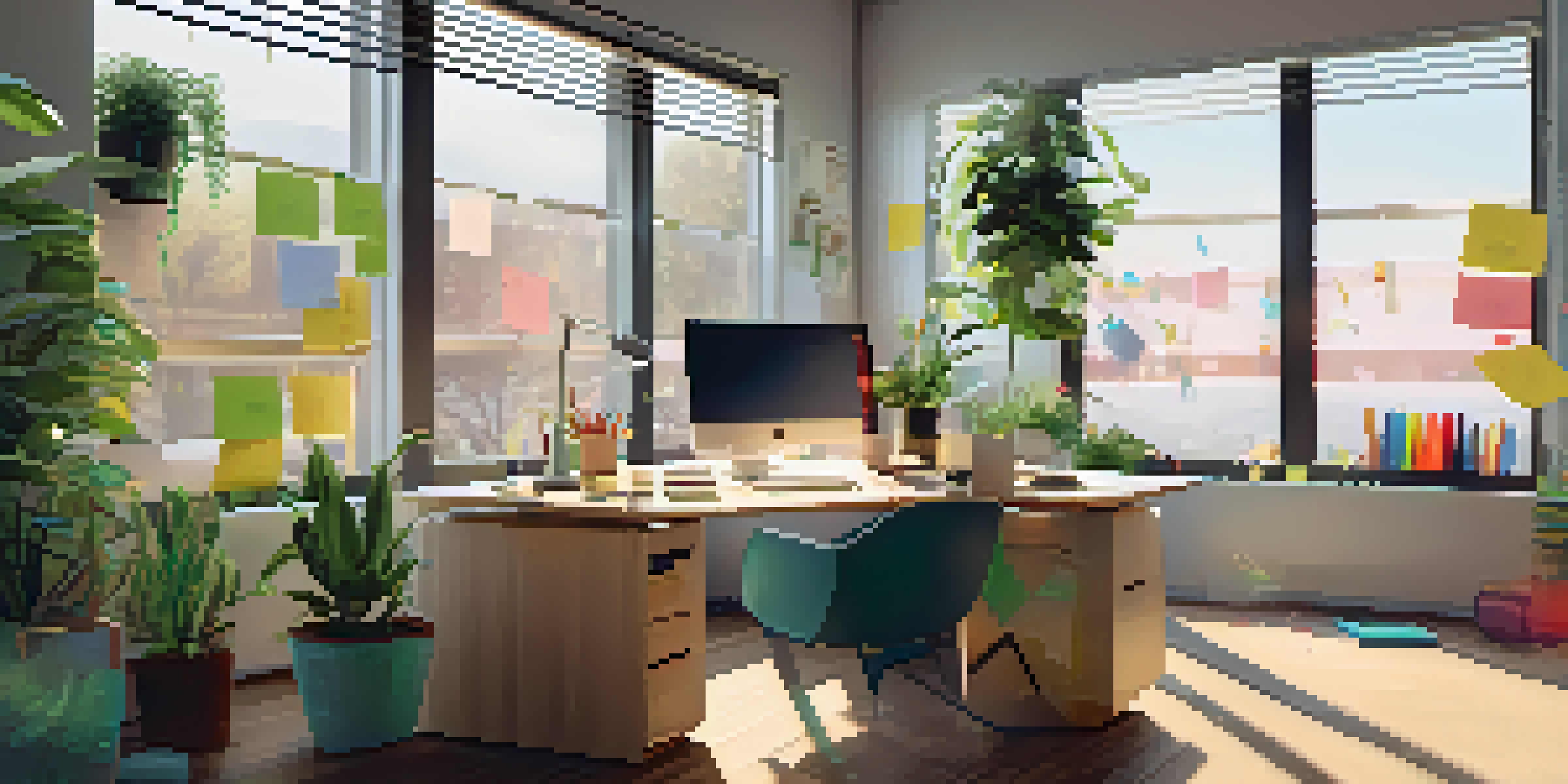 A modern office desk with a laptop and colorful sticky notes in a well-lit environment.