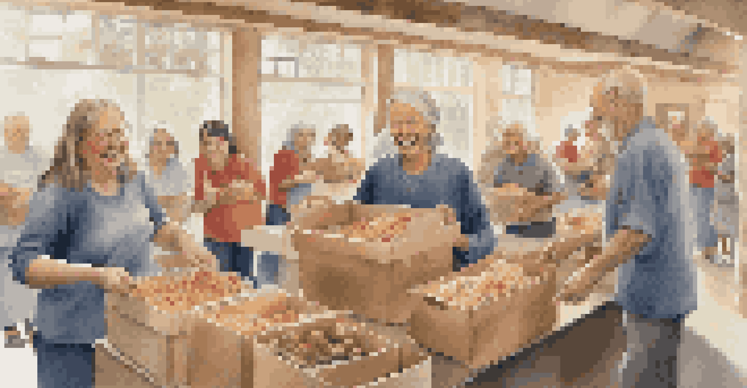 Volunteers joyfully distributing food at a local shelter, showcasing smiles and community connection.