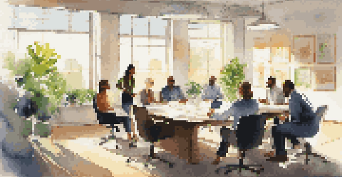 A diverse group of professionals in a bright office discussing around a conference table, showcasing different personality traits.