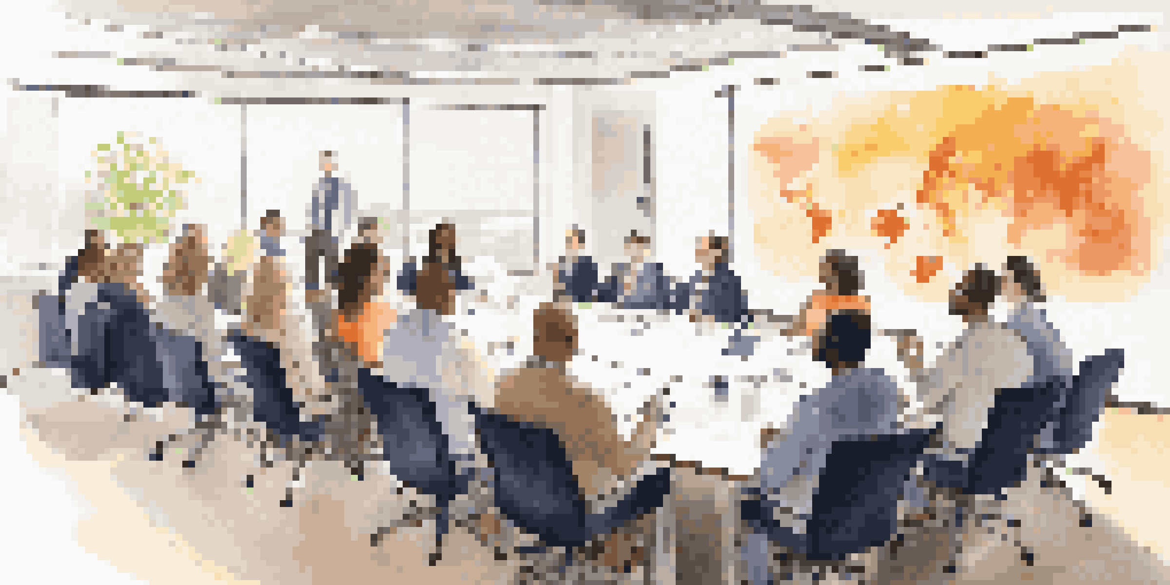 A diverse group of employees in a modern conference room attending a leadership development workshop, engaged in discussion and taking notes.