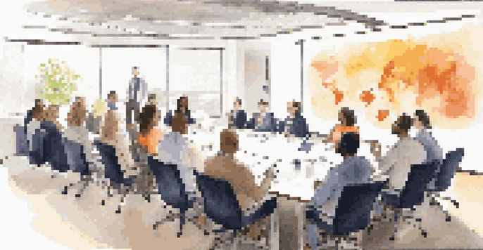 A diverse group of employees in a modern conference room attending a leadership development workshop, engaged in discussion and taking notes.