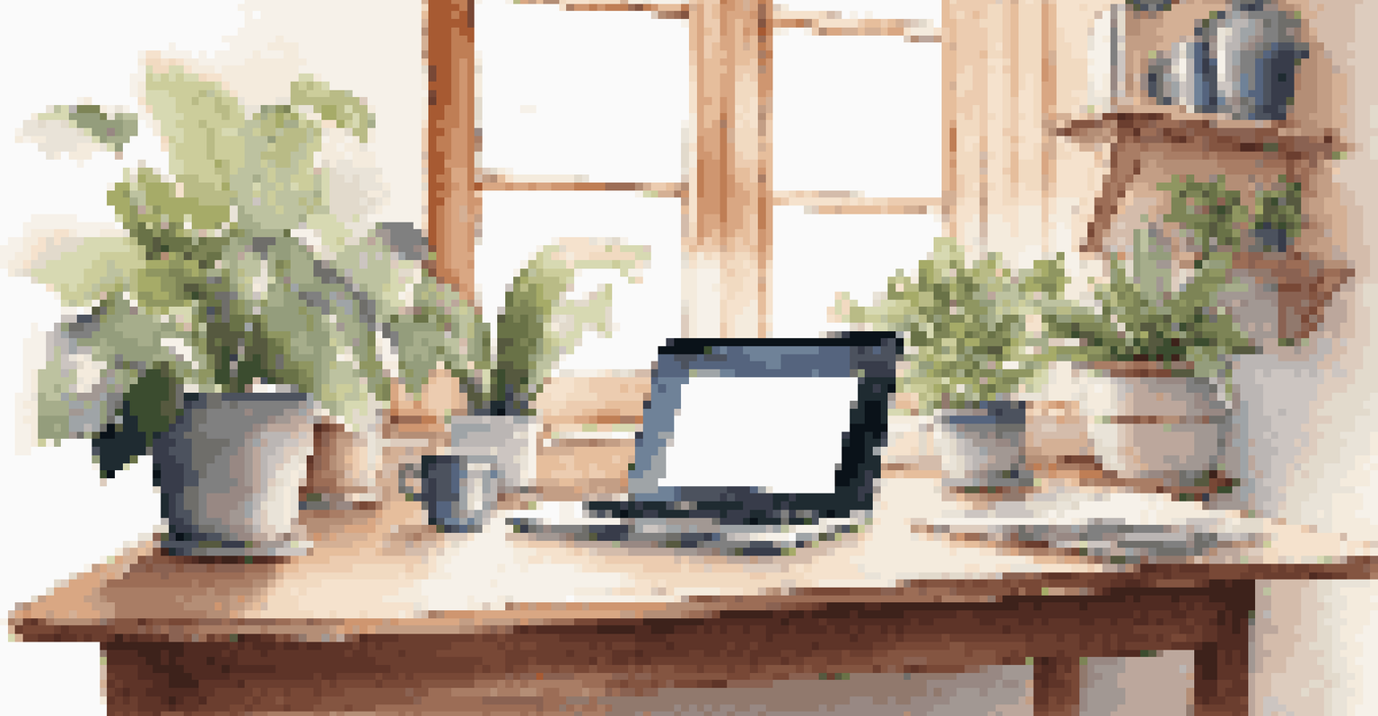 A cozy workspace with a laptop open to an online course platform, accompanied by a coffee cup and a potted plant.