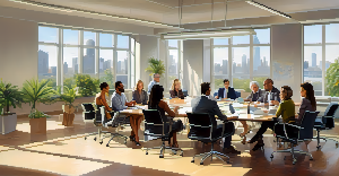 A diverse group of office workers in a bright conference room engaged in a collaborative meeting, showcasing various emotions like enthusiasm and empathy.