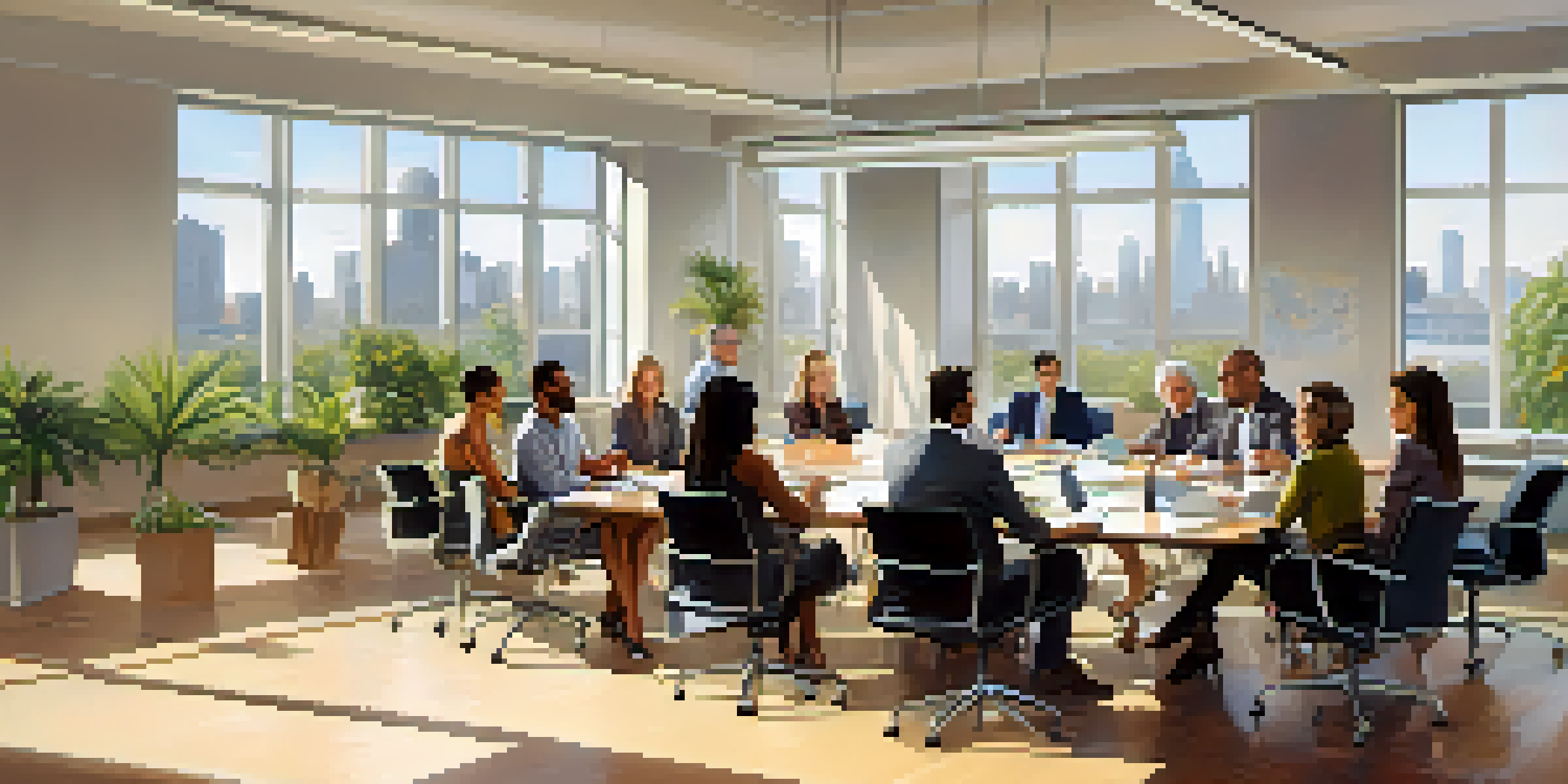 A diverse group of office workers in a bright conference room engaged in a collaborative meeting, showcasing various emotions like enthusiasm and empathy.