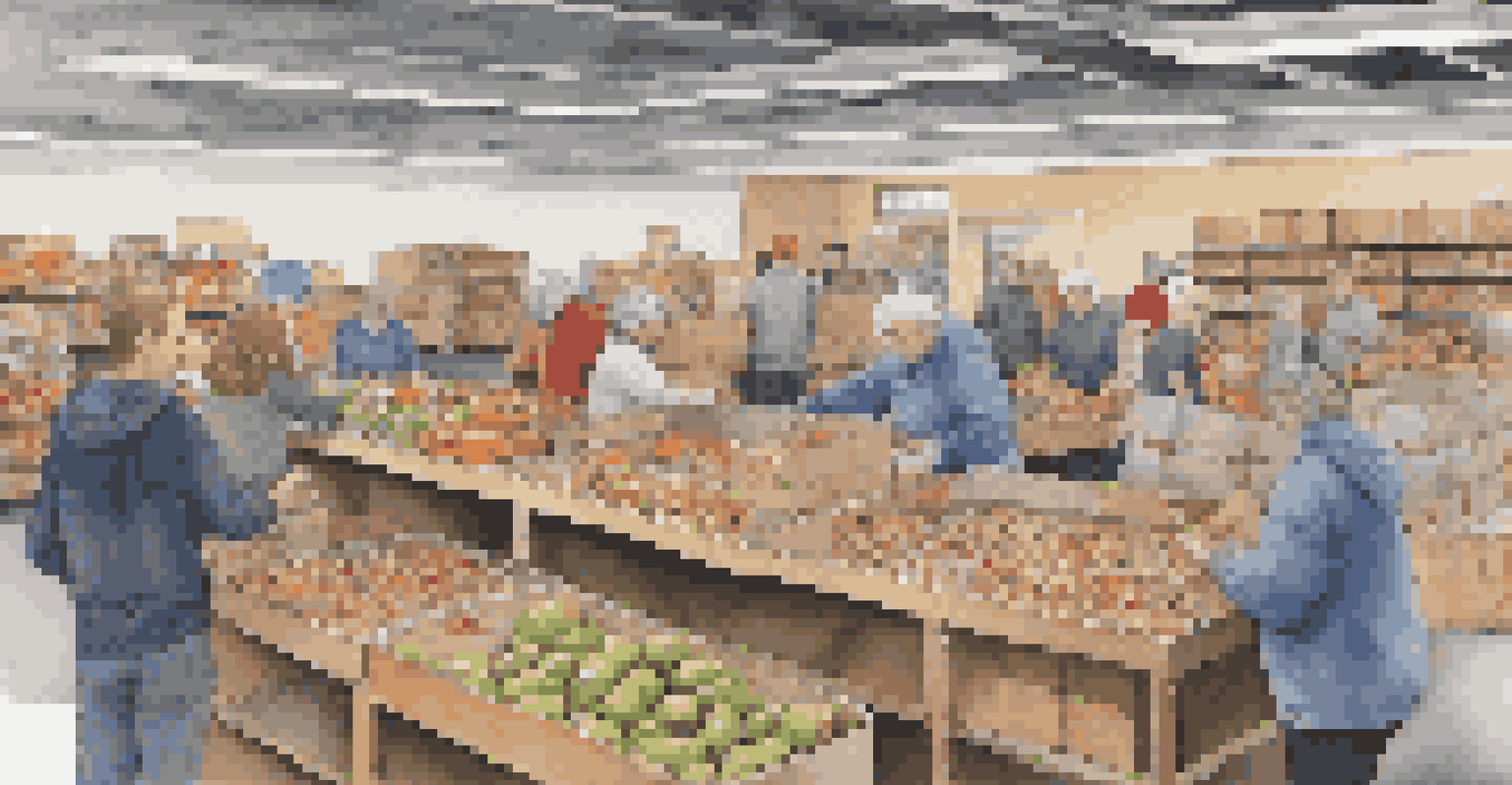 Employees volunteering at a food bank, sorting food items and interacting with community members in a welcoming environment.