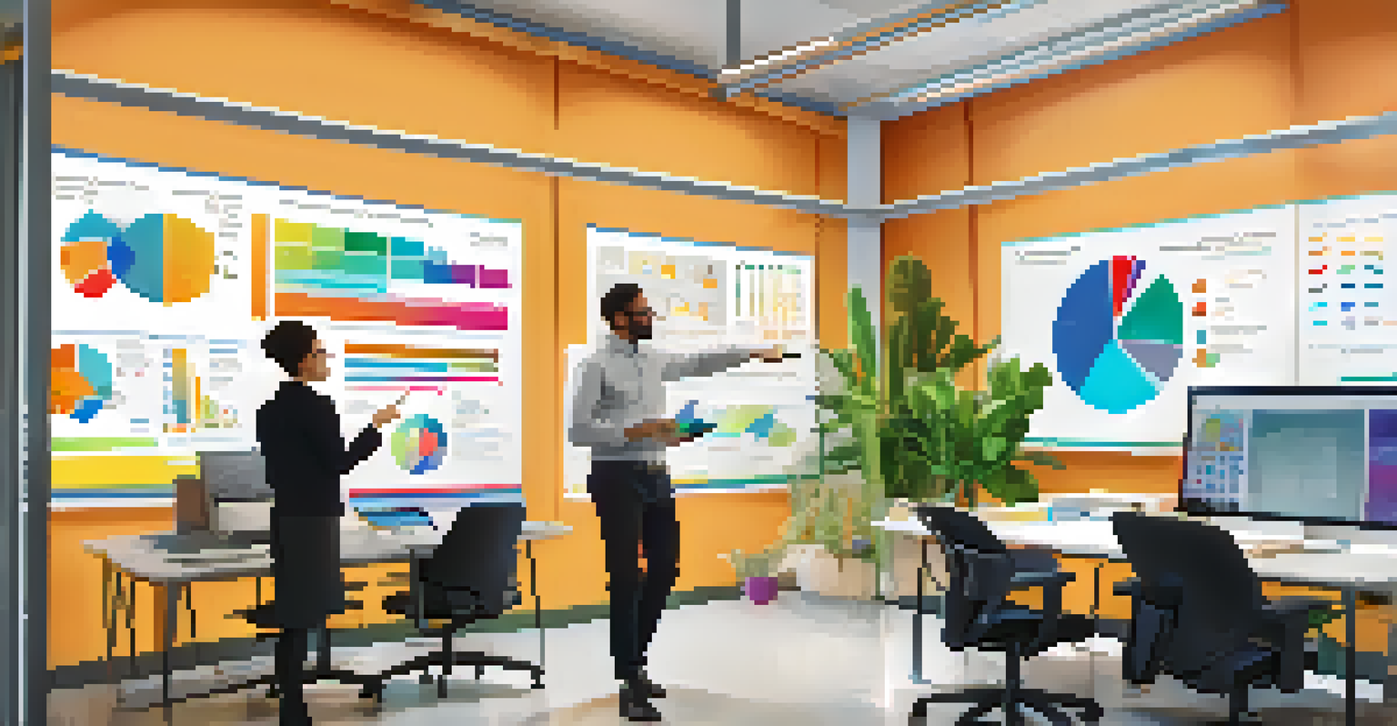 Two professionals discussing ideas in a bright office, with colorful charts on the computer screen.