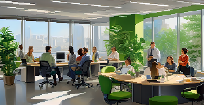 A diverse group of employees having a discussion in a bright office filled with natural light and plants.