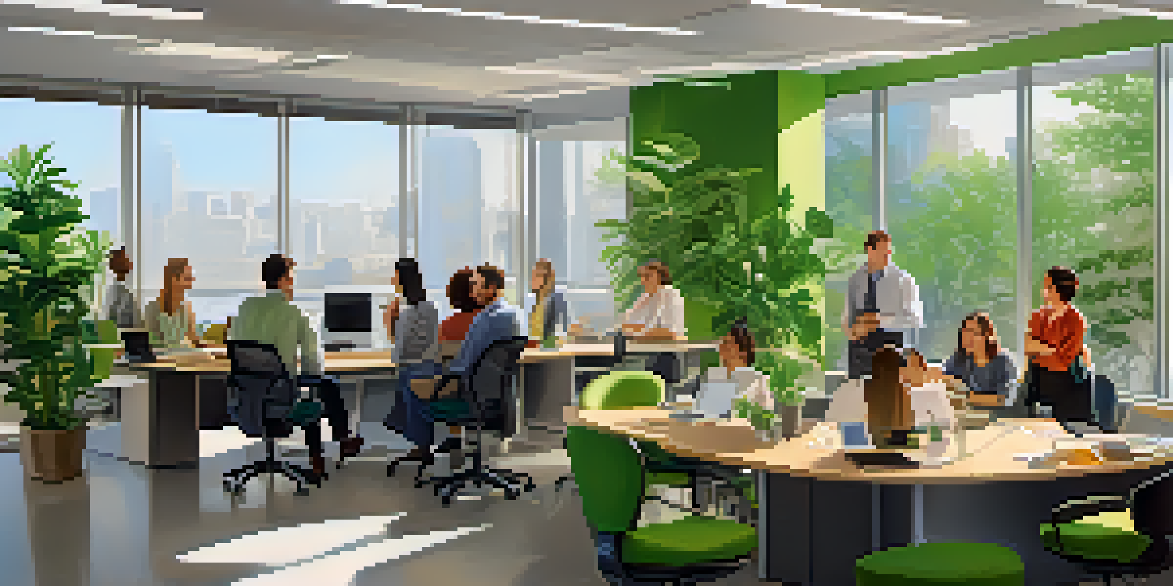A diverse group of employees having a discussion in a bright office filled with natural light and plants.