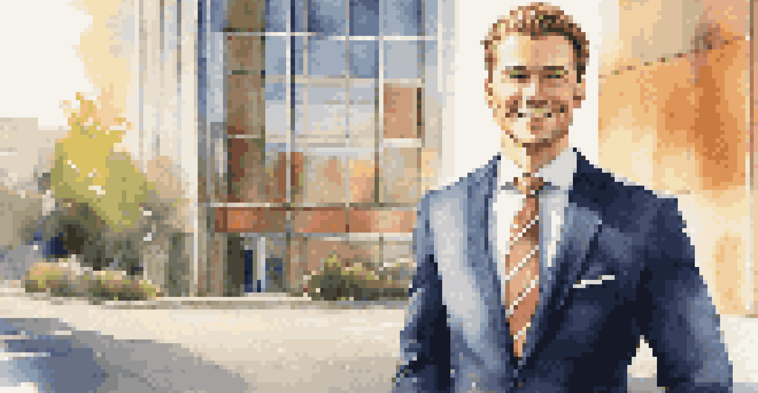 A confident job candidate in a tailored suit, smiling in front of a corporate building under bright sunlight.
