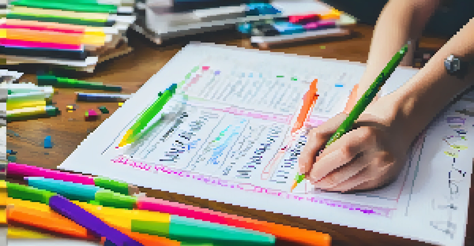 A hand writing on a skills inventory worksheet with colorful pens and sticky notes in the background, representing self-discovery.