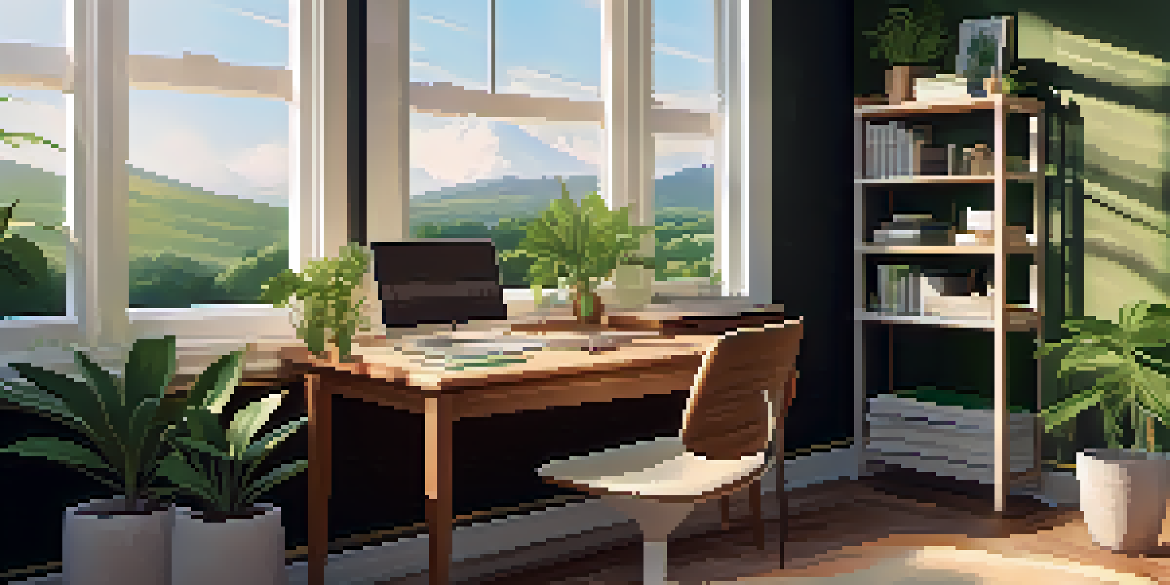 A bright and inviting office space with a view of greenery, a wooden desk, and sunlight illuminating the room.