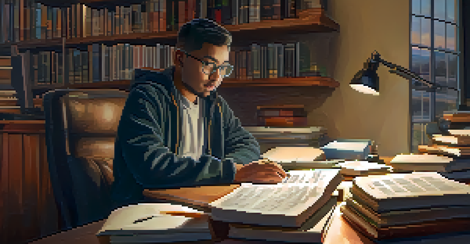 A focused individual studying at a desk filled with books and a laptop, with a calendar in the background marking career milestones.