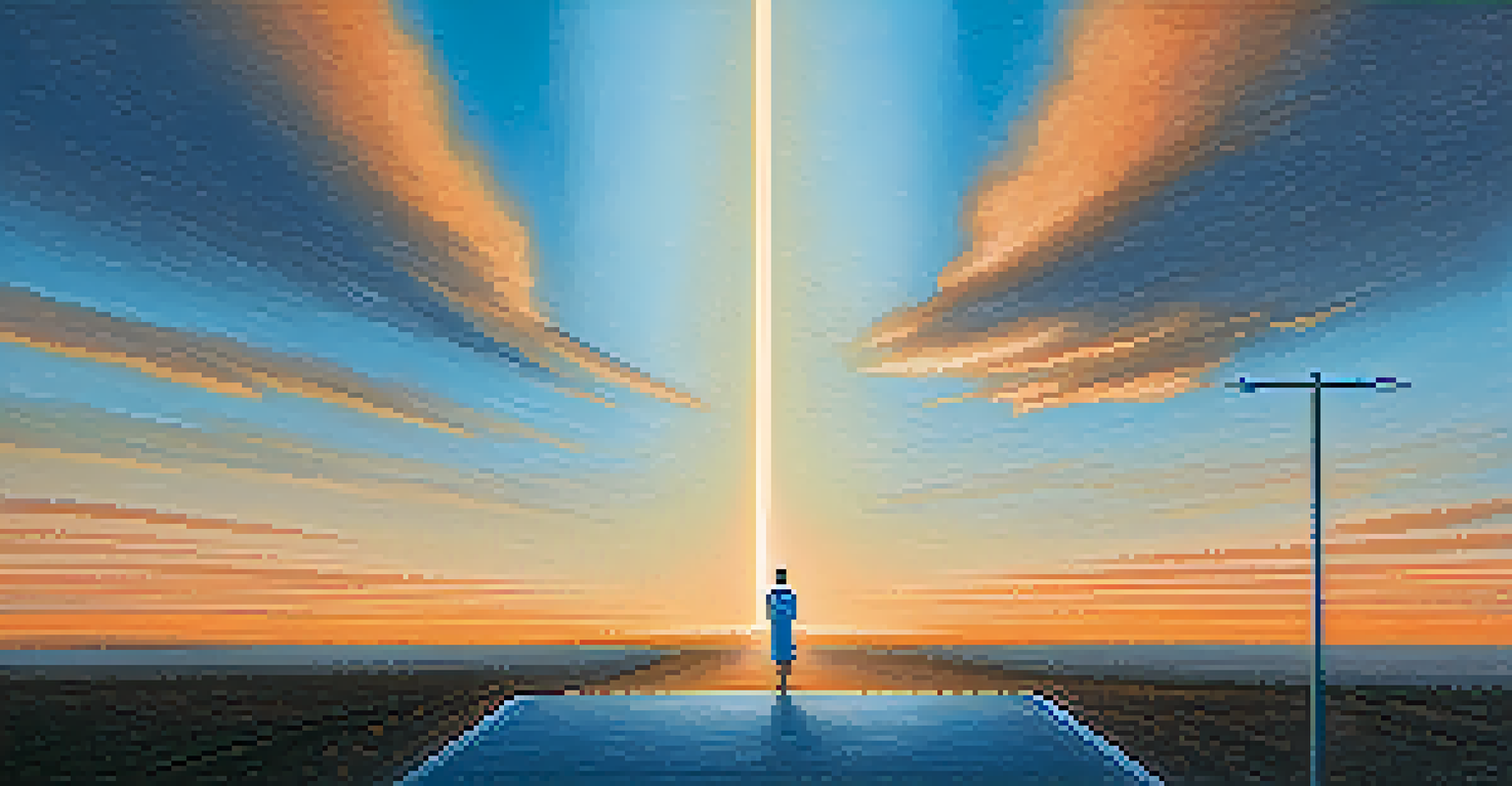 A person at a crossroads, with one illuminated path representing critical thinking and the other in shadows, under a colorful dawn sky.