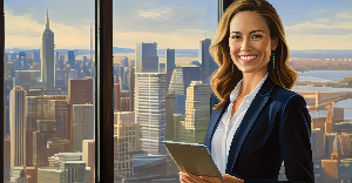 A confident professional woman in business attire stands by a window with a city skyline, holding a tablet and smiling.