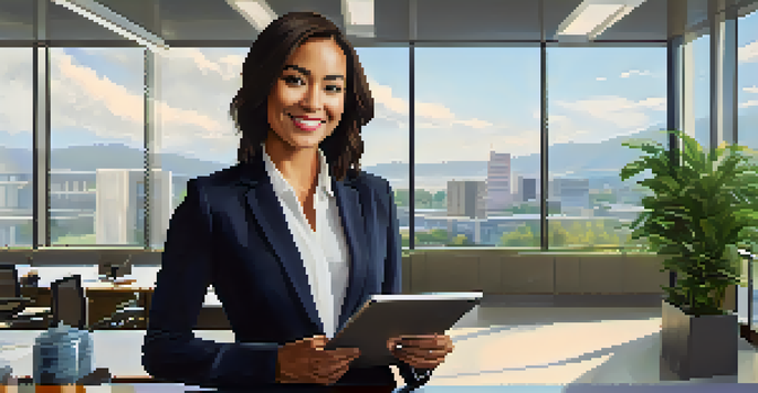 A confident professional woman in a modern office, holding a tablet and smiling, surrounded by plants and bright natural light.