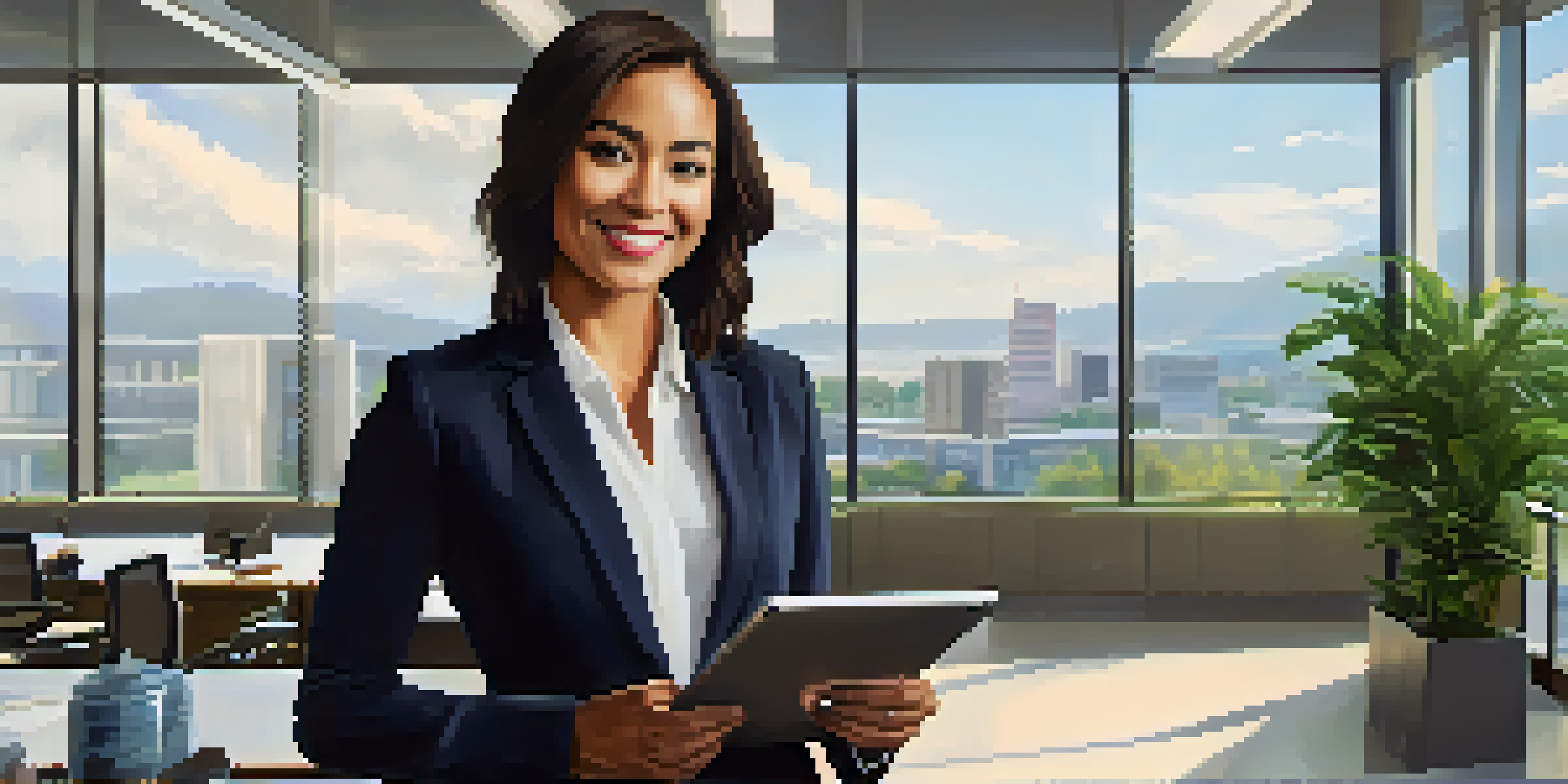 A confident professional woman in a modern office, holding a tablet and smiling, surrounded by plants and bright natural light.