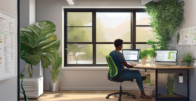 A person participating in a video coaching session in a bright and motivational office space.