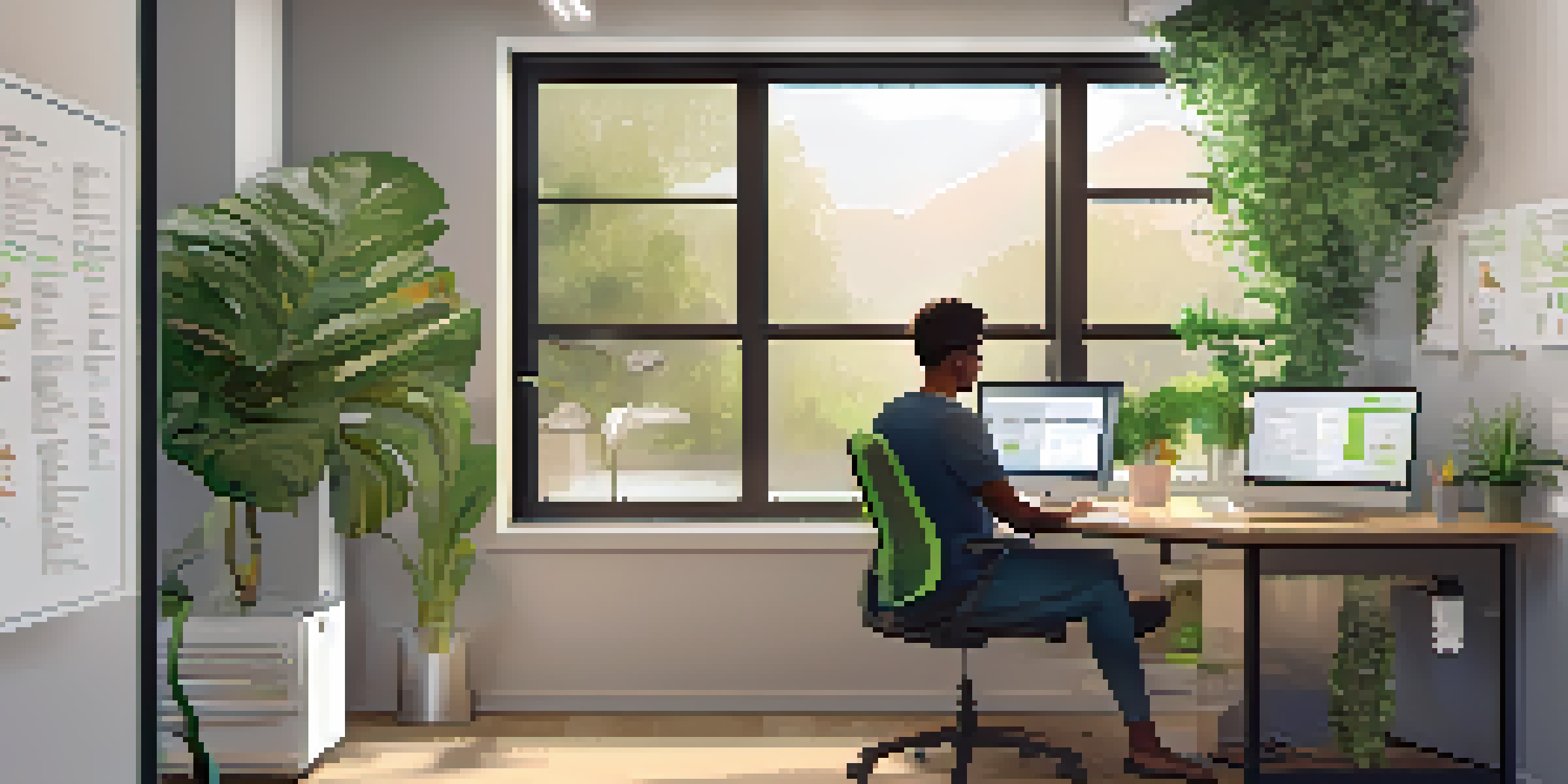 A person participating in a video coaching session in a bright and motivational office space.