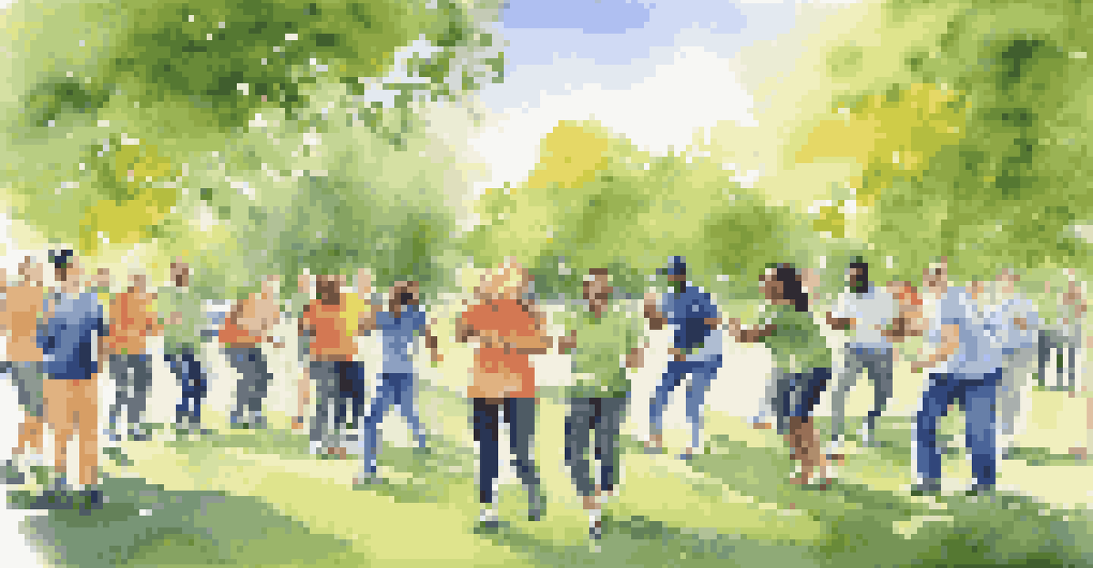 A diverse group of employees participating in a team-building activity outdoors in a park, showcasing collaboration and teamwork in a sunny environment.