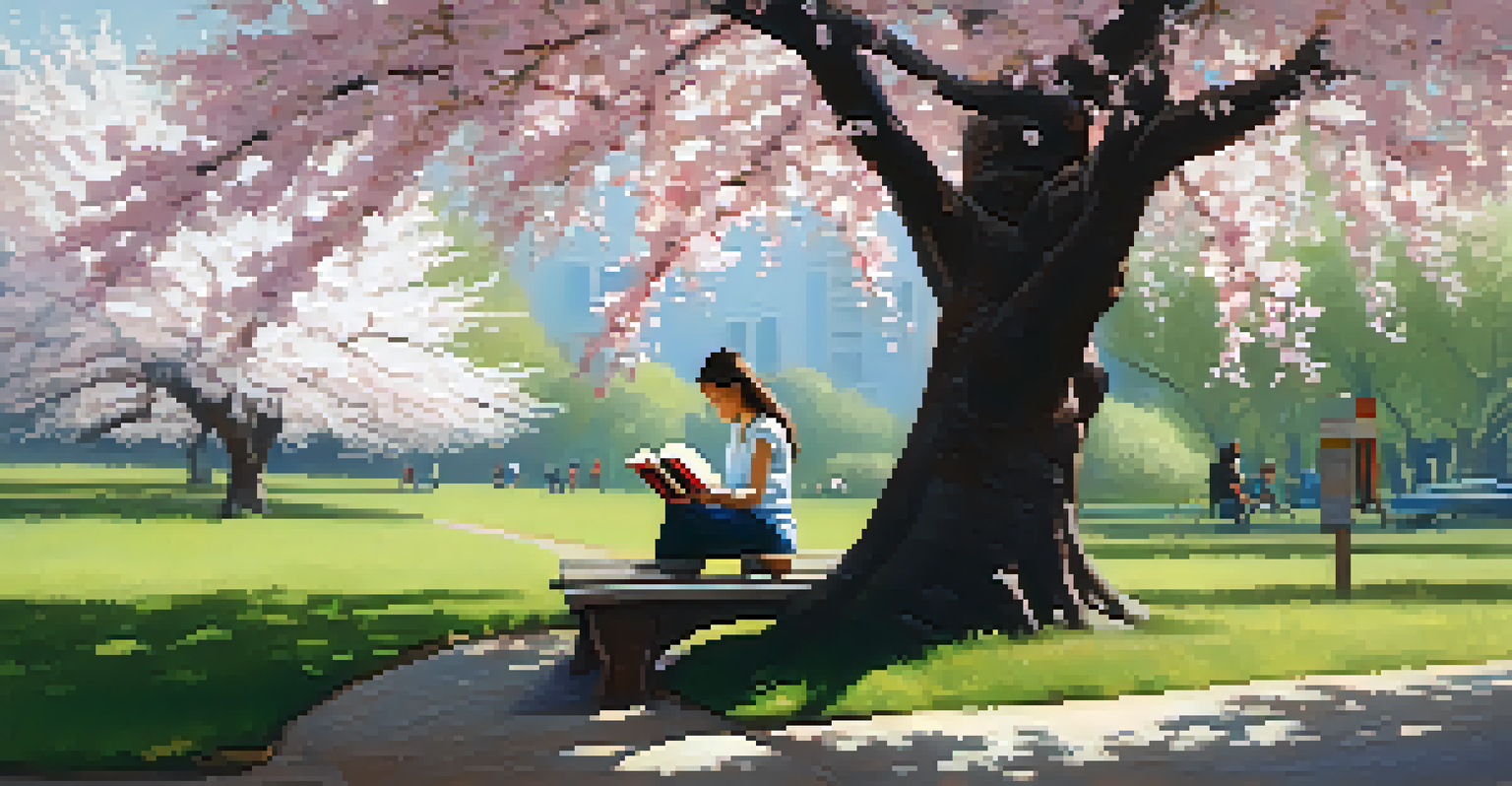 A person relaxing on a park bench under a cherry blossom tree, enjoying a snack and reading a book in the sunlight.