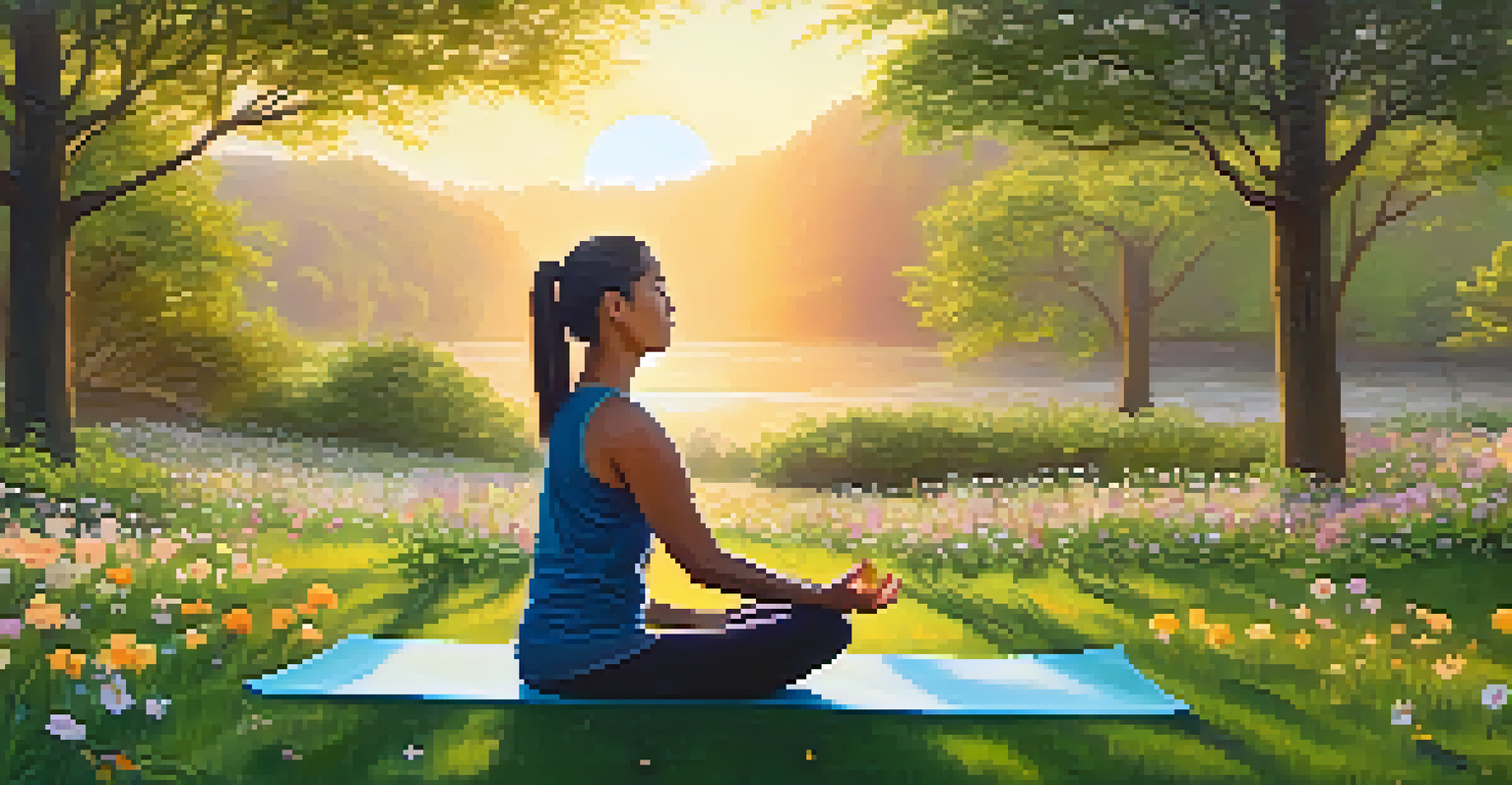 An individual meditating on a yoga mat in a serene park surrounded by flowers and trees.