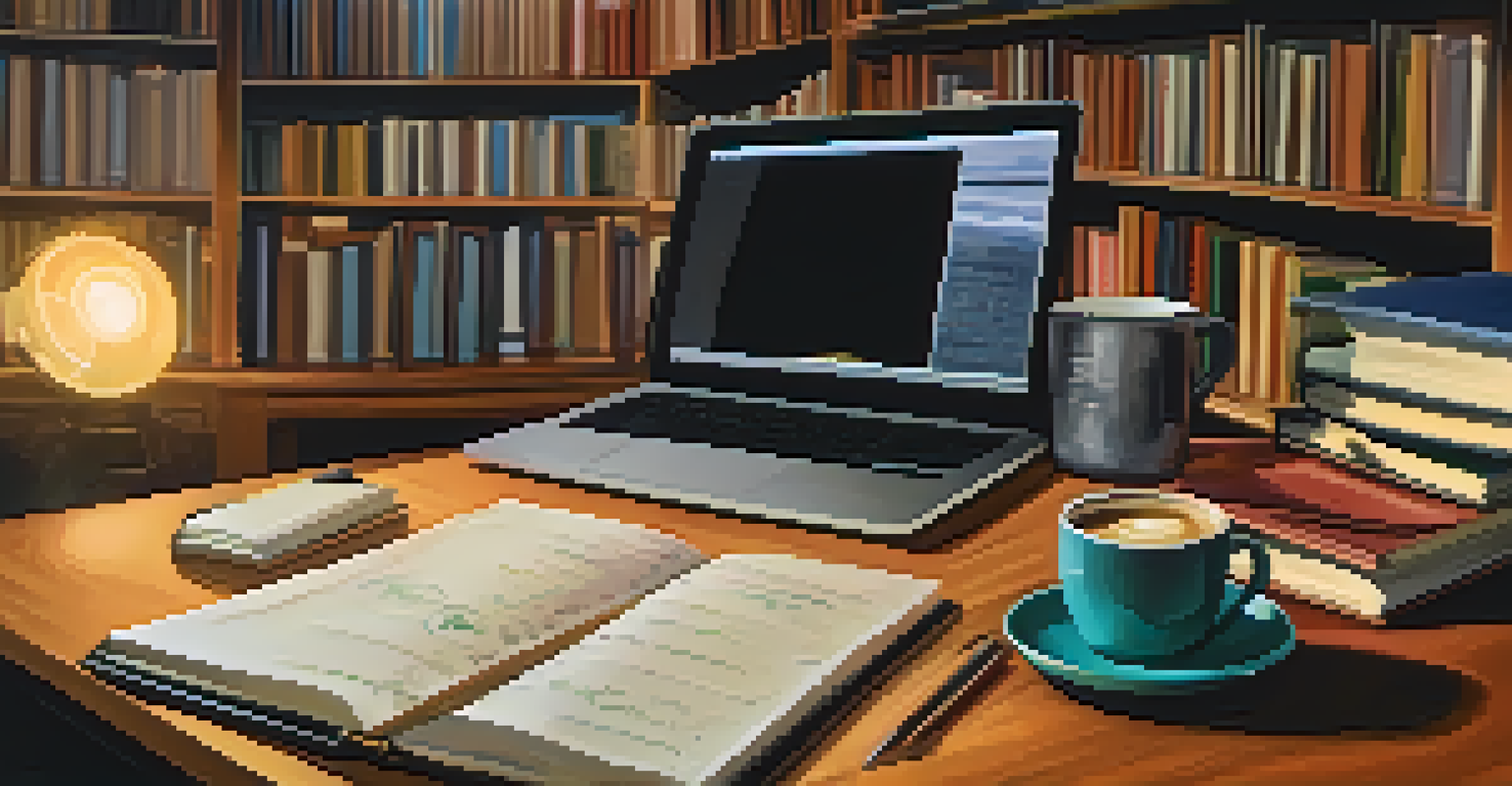 A desk scene with a laptop, notepad, coffee cup, and books about careers, with a blurred discussion in the background.