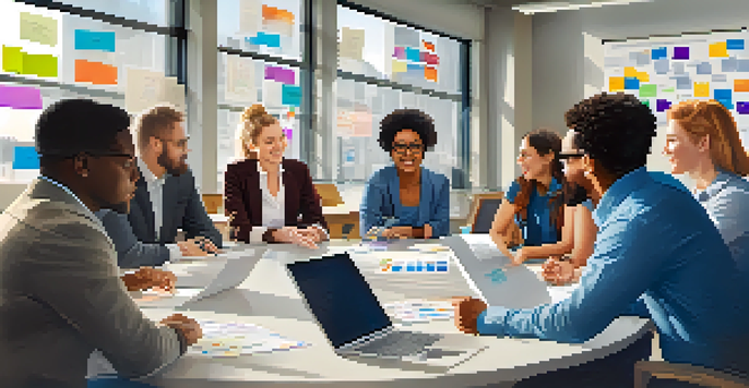 A diverse group of employees in a meeting, discussing ideas around a conference table with motivational posters on the walls.