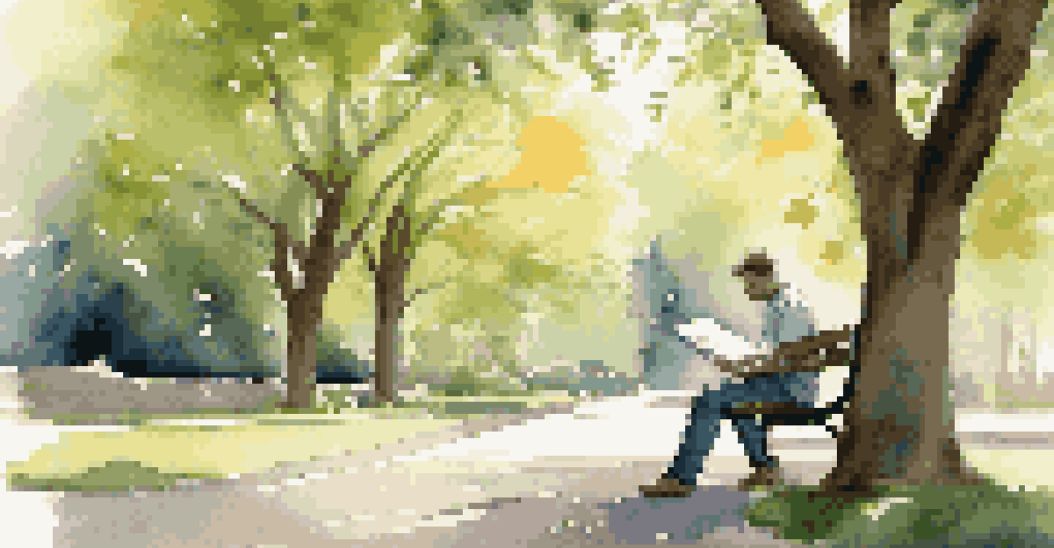 A person writing career milestones in a notebook while sitting on a park bench in a serene outdoor setting.