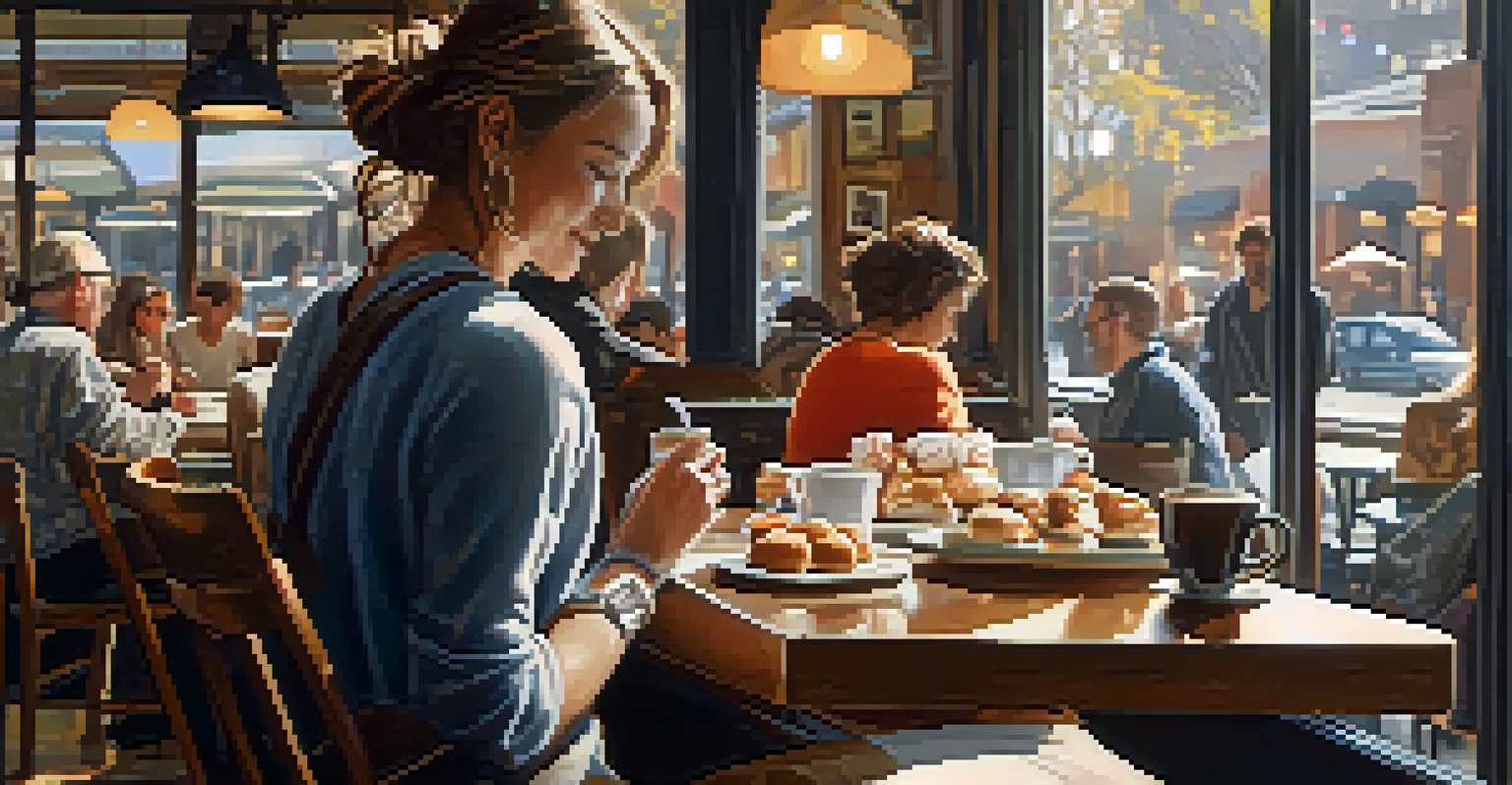 A freelancer immersed in work at a busy coffee shop with a laptop and coffee.