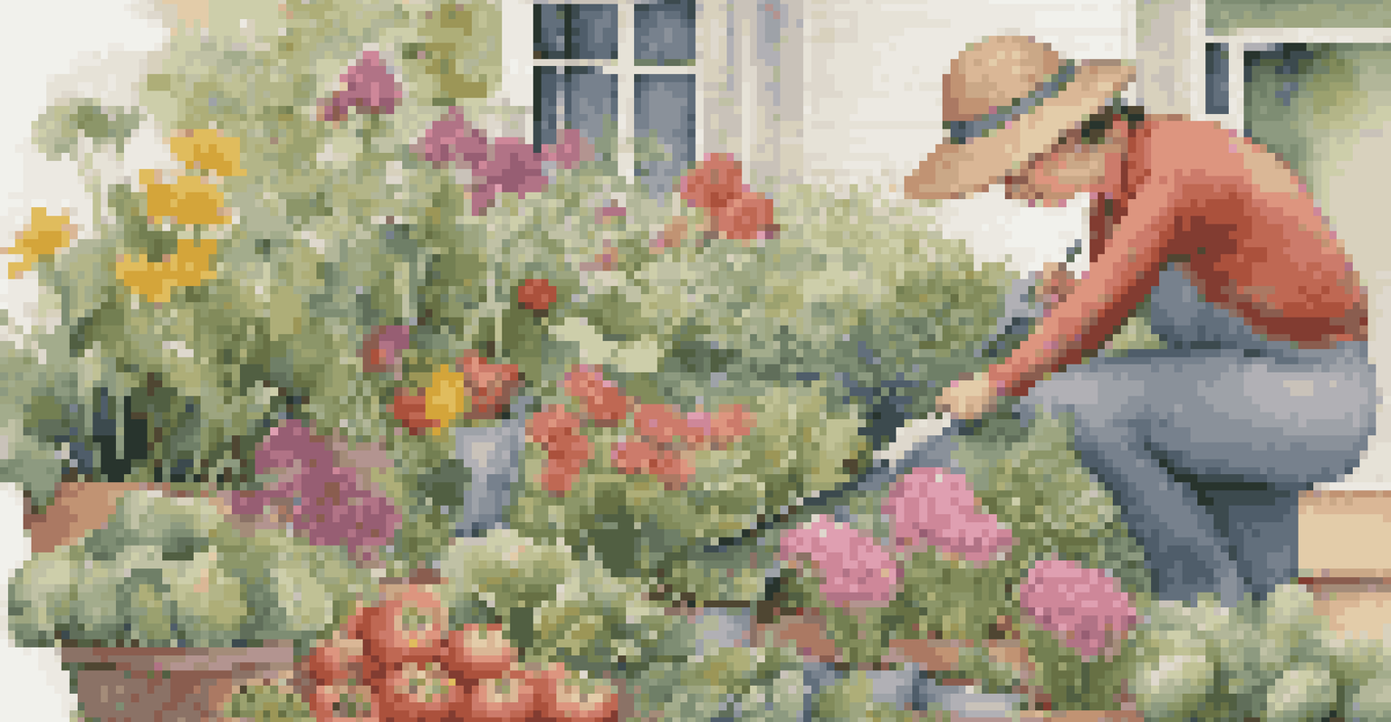 A gardener adjusting planting strategies in a colorful garden, representing lifelong learning and adaptability.