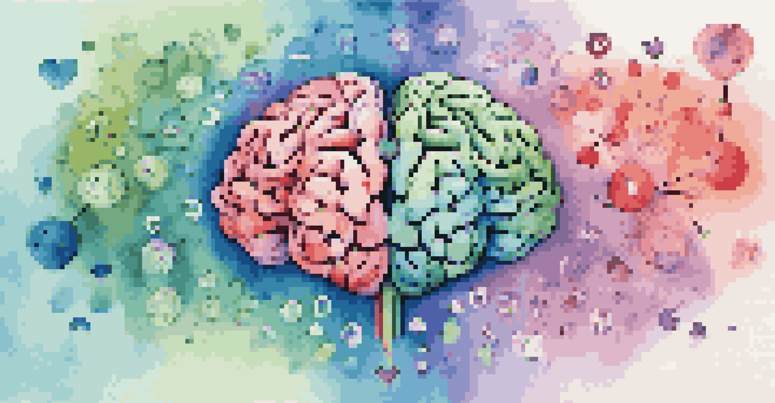 An abstract representation of emotional intelligence with colorful brain patterns and heart shapes against a calming gradient background.